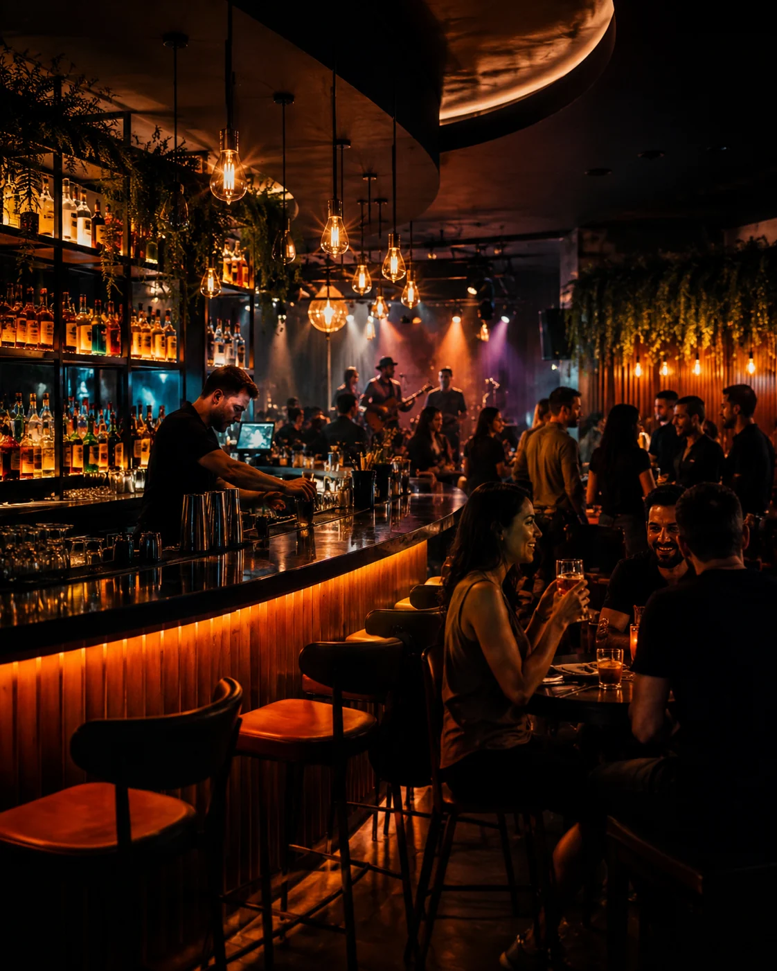 Balcão de pub moderno com luz quente, garrafas e clientes
