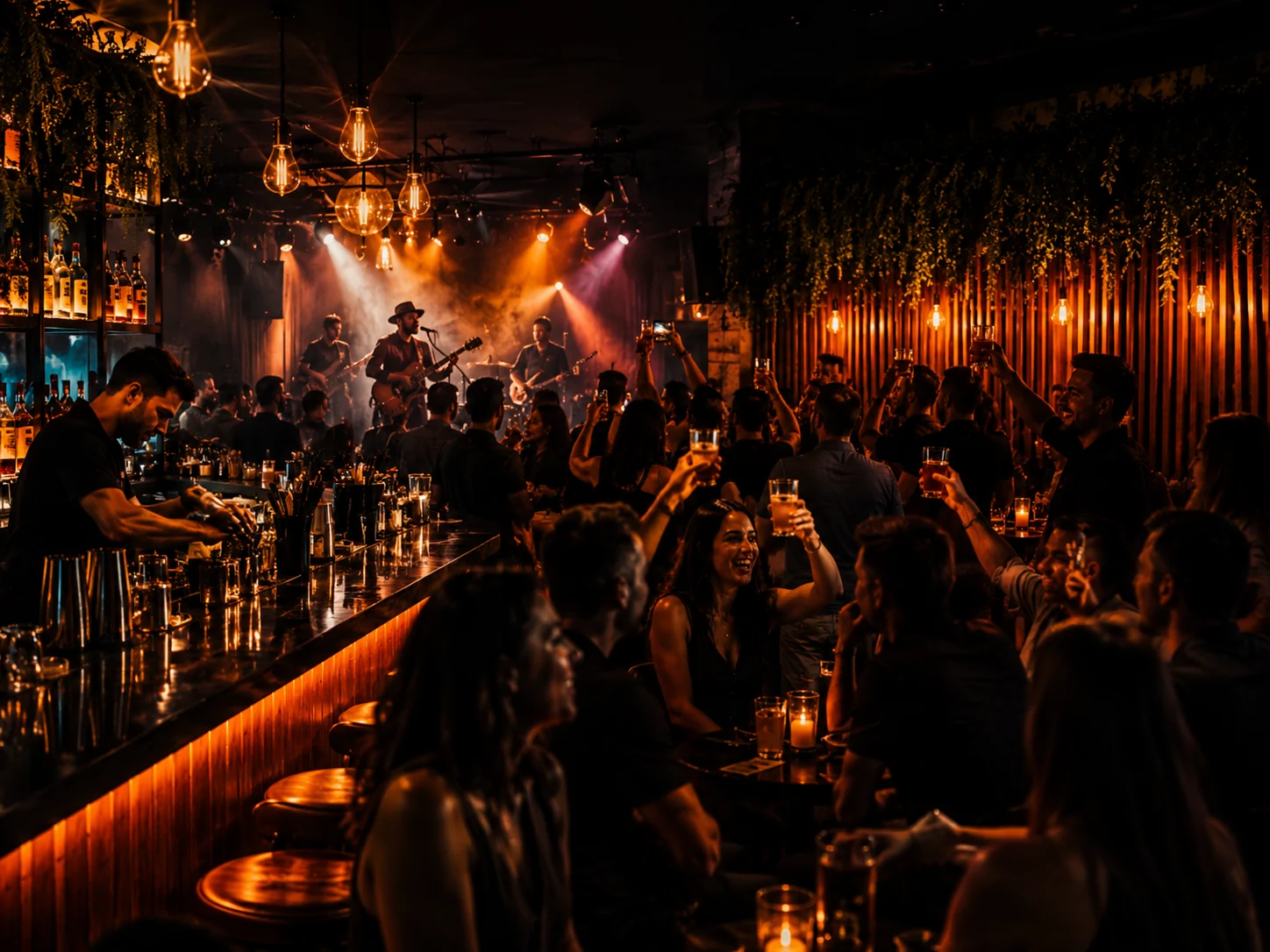 Pub com música ao vivo, movimento e público celebrando